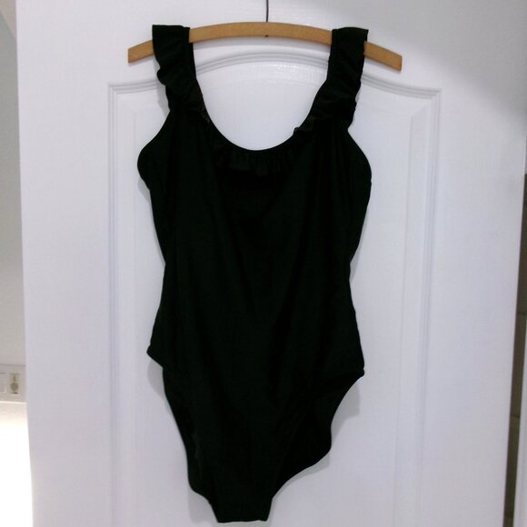 New J. Crew Black Ruffle Neckline Swimsuit Scooped Back L Large New with Tag - Picture 2 of 9